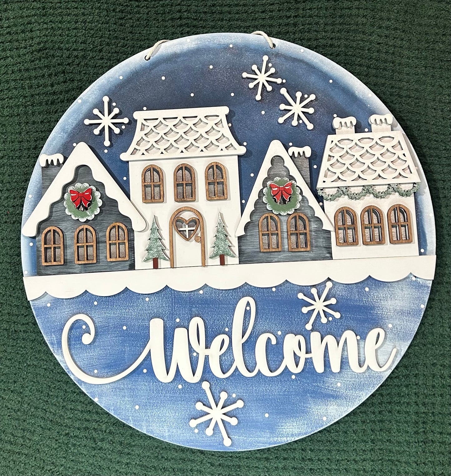 Snowy Houses Winter Welcome Door Hanger